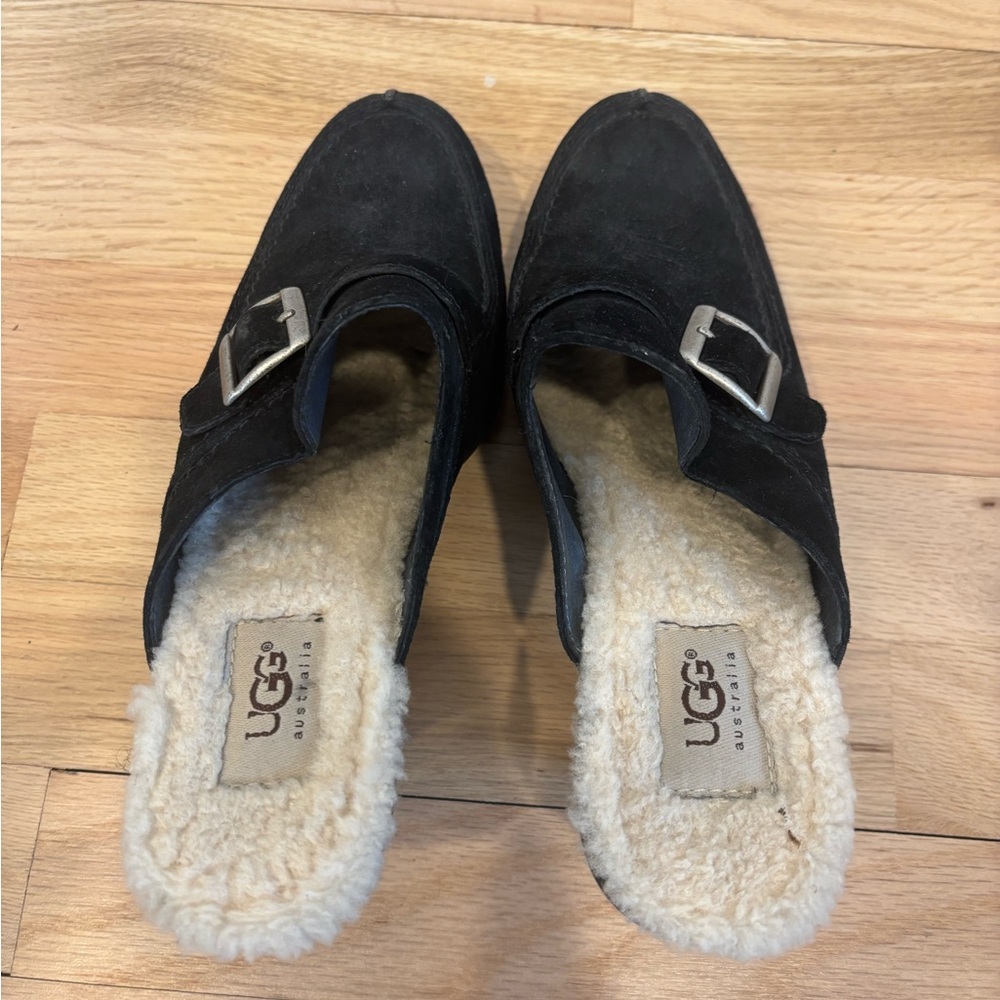 UGG Australia Isabella black suede sheepskin-lined heeled mule clogs size US 9 - Picture 4 of 9